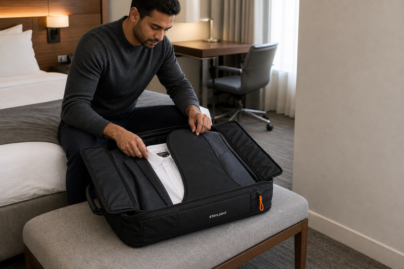 Design visualization of a traveler packing the garment duffel in a hotel room
