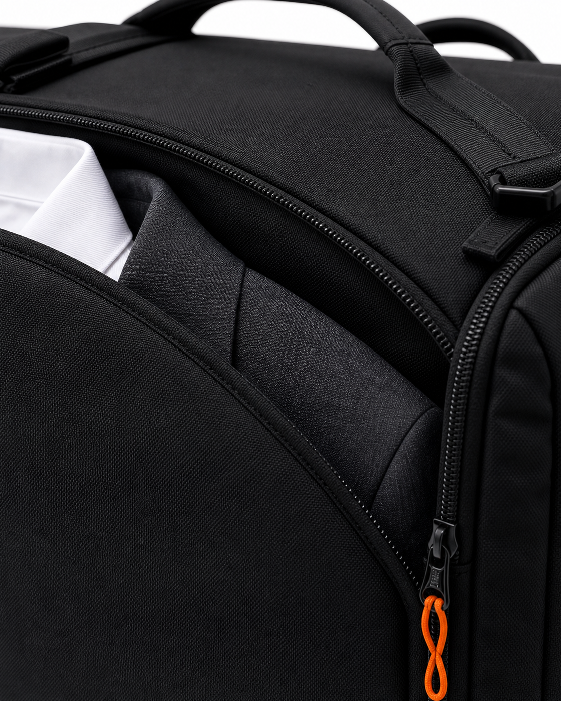 Close design visualization of the black nylon, zipper, garment layers, and orange pull