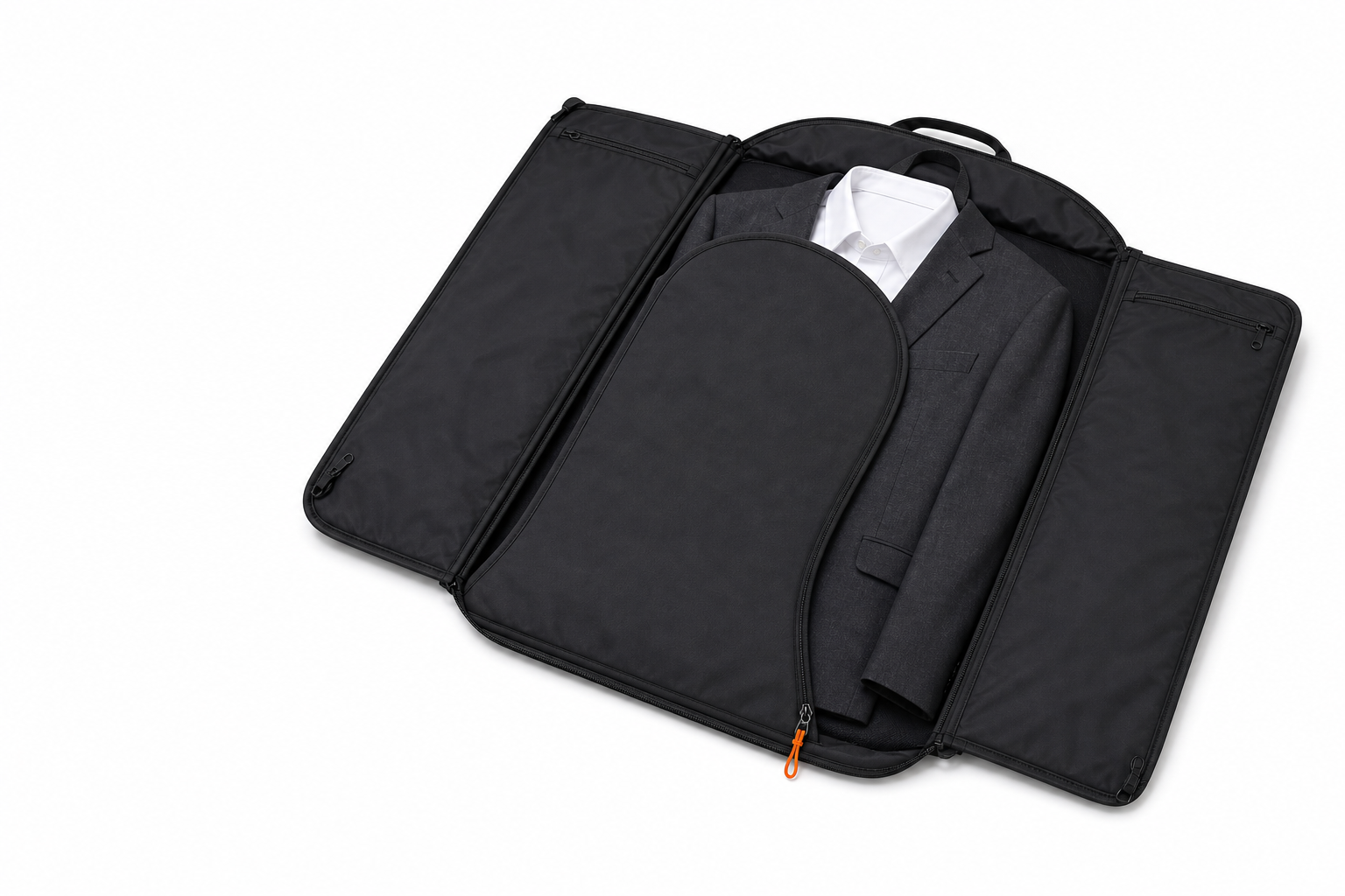 Design visualization of STAYLIGHT 42 opened flat around a charcoal jacket and white shirt