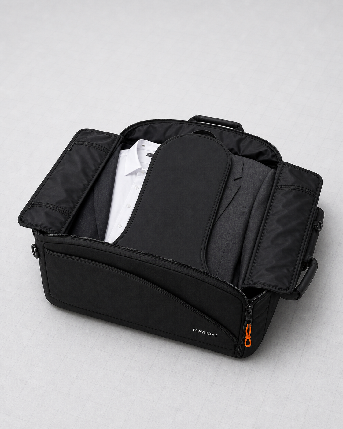 Technical design visualization of the open garment duffel and curved center panel